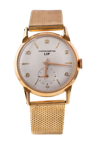 A French 18ct gold wristwatch, by LIP for Ciments Lafarge, the circular dial with Arabic...