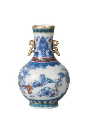A Chinese porcelain doucai miniature bottle vase, Qianlong mark, late Qing Dynasty/Republic, painted in underglaze blue and overglaze enamels with boys playing