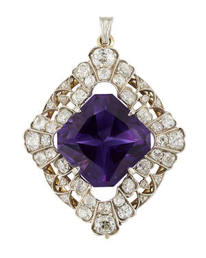 
	
		A Belle Epoque, amethyst and diamond pendant, the central square shaped mixed-cut...