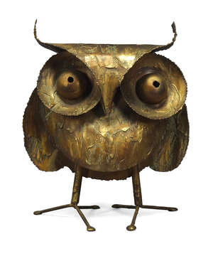 
	
		Curtis Jeré, a brass owl sculpture  
		Signed and dated 1968 in pen    
		With bent...