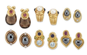 
	
		Six pairs of gem-set earrings, variously set with hematite cabochons, accented with ruby,...