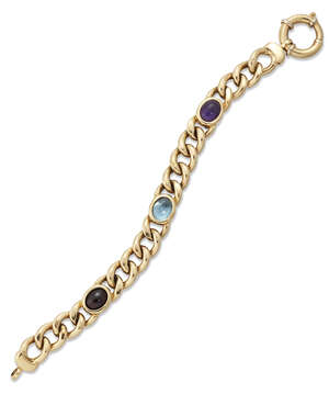 
	
		A gold and gem-set bracelet, of curb linking accented with a cabochon garnet, aquamarine...