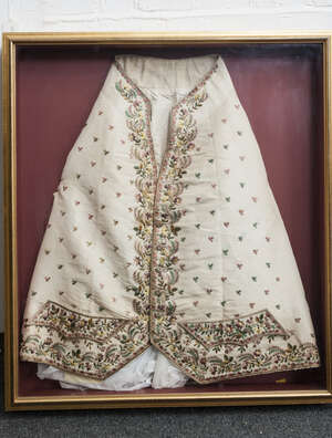 
	
		An English 18th Century gentlemans embroidered silk waist coat, worked in coloured silks...