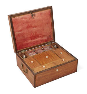 
	
		A George III satinwood toilet box, the inlaid top opening to reveal a fitted interior of...