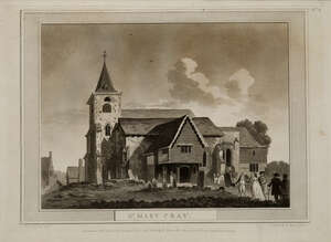 
	
		A group of three lithographs of churches and country houses, late18th/early 19th century,...
