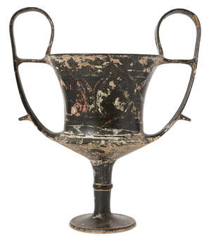 A large Boeotian black glazed kantharos, circa 5th Century B.C., with carinated lower body, on a stemmed foot with raised encircling ridge, the high looped str