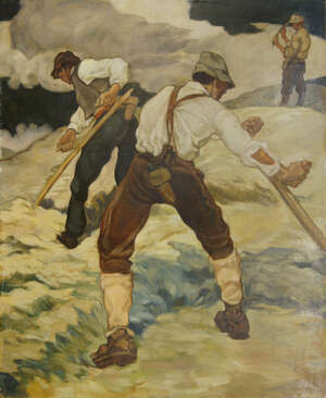 
	
		P Kroll, European School, early 20th century- Fieldworkers; oil on panel, signed,...