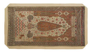 A Mihrab Kalamkari panel, Iran, 19th century, of rectangular form, the printed decoration with a central cypress tree rising from a rocky mount and flanked by 