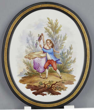 
	
		RTO A French Sevres style oval porcelain plaque, 19th century, depicting two courting...