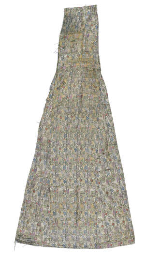 A Qajar embroidered silk and gilt-metal thread panel, Iran, 18th/19th century, of irregular...