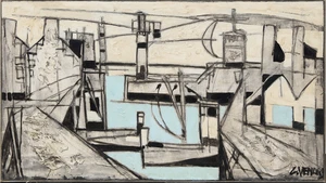 Claude Venard, French 1913-1999 - Le Port, c.1955; oil on canvas, signed lower right 'C.Venard', 50 x 89 cm (ARR) Provenance: with Philippe Delarue, Paris