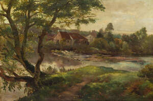 
	
		C Badely Millar, 
		British, late 19th century- 
		 
		A cottage by a weir, 1890;
		 
		