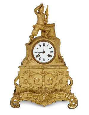 
	
		A French ormolu library clock, late 19th century, surmounted with a soldier bearing a...