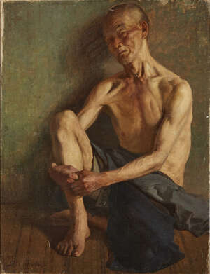 
	
		Kunitaro Teramatsu,
		Japanese 1876-1936-
		 
		Seated male nude, 1909;
		 
		oil on...