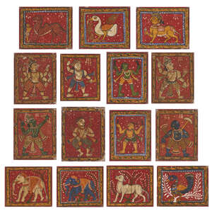 
	
		A group of fifteen Pata paintings, possibly playing cards, Orissa, India, early 20th...