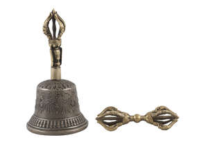 
	
		A Mongolian cast bell and a brass vajra, late 19-20th century, the bell decorated with...