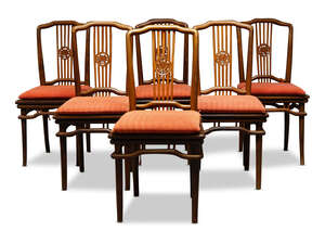 
	
		A set of six Chinese hardwood dining chairs, early 20th century, the central splats set...