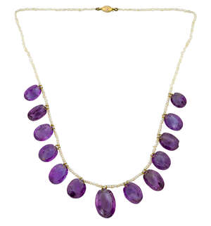 
	
		An amethyst and seed pearl necklace, the seed pearl necklace suspending thirteen...