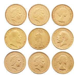 
	
		Nine sovereigns, comprising: Queen Victoria, 1889, Edward VII, Melbourne Mint, 1907; George...