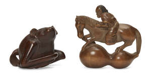 
	
		Two wood netsuke, Meiji period, one depicting Chokaro emerging from a magical gourd, with...