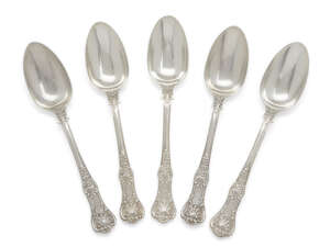 
	
		A set of Victorian silver table spoons, London, c.1855, John James Whiting, comprising...