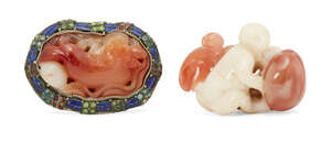 
	
		Two Chinese carnelian agate carvings, 18th-19th century, one finely carved as a monkey...