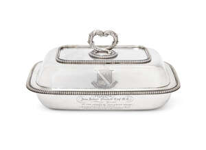Of Australian interest: A rare and important silver rectangular entree dish and cover, bearing the Arms of John Hubert Plunket London c.1814, (no makers marks)