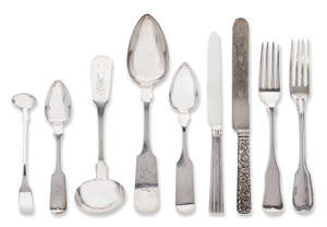 
	
		A large collection of mostly American coin silver flatware, late 19th century, together...