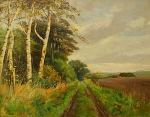 
	
		Harald Pryn, Danish 1891-1968- Field track by woodland; oil on canvas, signed and dated...