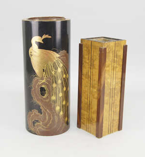 
	
		A Japanese lacquer ikebana pot, 20th century, decorated with a peacock perching on a...