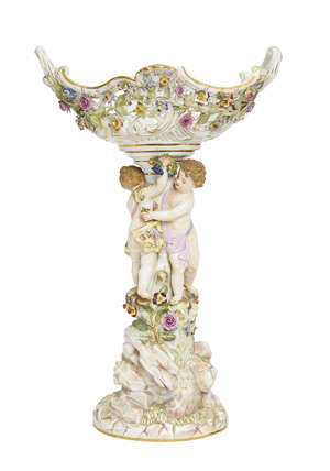 
	
		A Meissen porcelain centrepiece, late 19th century, the pierced boat shaped basket with...