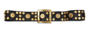 
	
		Chanel: a black leather and and gilt metal coin belt, with large square open buckle...