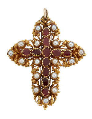 
	
		An early 19th century gold, garnet and half-pearl cross pendant, the central cushion...