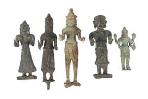 
	
		Five Khmer bronze deities, 12th-18th century, 7.5cm-13cm high (5) 

	

