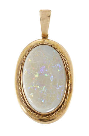 An opal pendant, the single oval white opal in collet mount with ropework border, length including pendant loop, 5.0cm