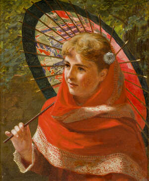 
	
		James Hayllar RBA, 
		 
		British 1829-1920- 
		
		Girl with a parasol; 
		 
		oil...