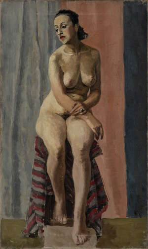 
	
		Sarah Nechamkin, 
		British 1917-2017 - 
		 
		Nude with striped blanket; 
		 
		oil...