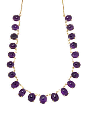 
	
		An 18ct gold amethyst necklace, composed of a row of claw-set cabochon amethyst graduated...