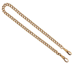 A late 19th / early 20th century gold watch chain, of curb link design with clip terminals, length 35.5cm