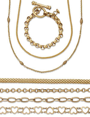 
	
		A collection of five bracelets and two necklaces, each of fancy link design (7)     ...