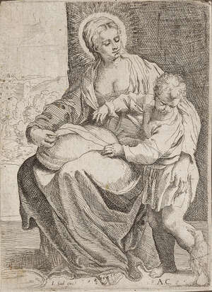 Annibale Carracci, 
		Italian 1560-1609- 
		
		The Virgin seated holding a pillow on her lap with the young Christ standing at right; 
		 
		etching, sig