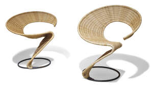 
	
		Tom Dixon (b.1959), 
		 
		Two 'S' chair variants, circa 1990, 
		Welded steel, wicker...