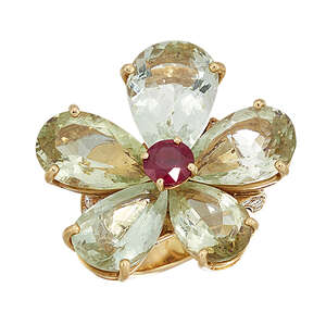 
	
		A ruby, aquamarine and diamond flower-shaped ring, by Bulgari, the circular-cut ruby...