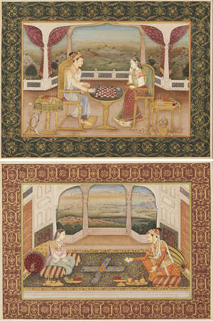 
	
		A couple playing chaupar and a couple playing chess, Rajasthan, India, 20th century,...