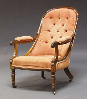 
	
		An early Victorian rosewood buttonback nursing chair, with rounded and curved back,...