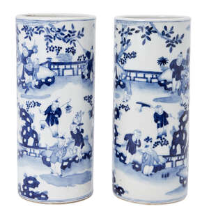 
	
		A pair of Chinese porcelain cylindrical vases, Republic period, painted in underglaze...
