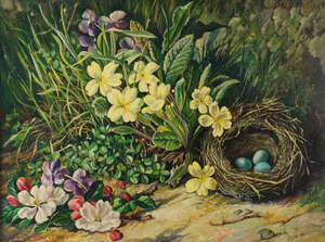 Robert Dumont Smith FRSA, British 1908-1994- Still life of Primroses with bird eggs in a nest; oil on canvas, signed, 30.5 x 41cm: together with another work b