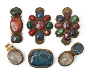 
	
		Five Chinese/Tibetan hardstone set buckles, 19th century, to include a two-piece buckle...