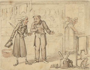 Isaac Cruickshank, 
		British 1756-c.1810- 
		 
		Scene in a kitchen; 
		 
		pen and brown ink and watercolour over pencil, 11.5x15cm: Attributed to Geo