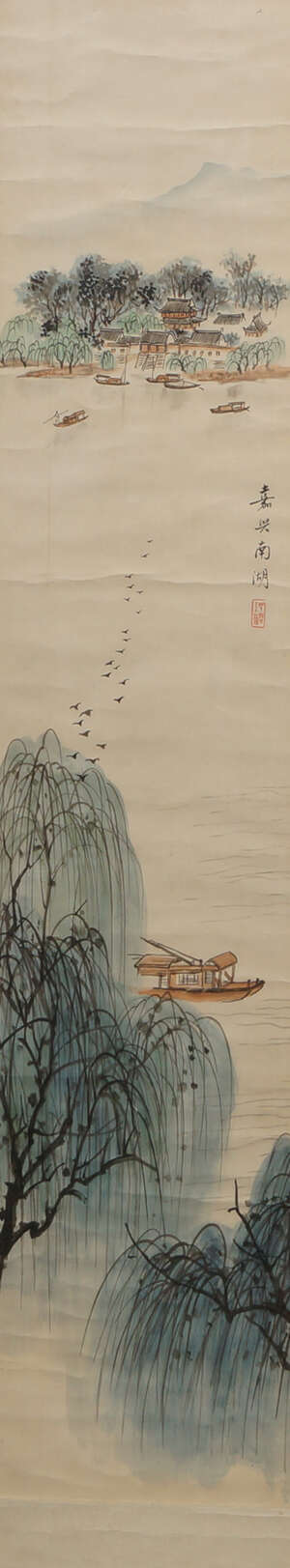 
	
		A pair of Chinese paintings of landscapes, mid20th century, of a pagoda on a mountain...
